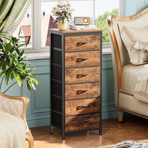 Huuger 43.3 Inch Tall Dresse for Bedroom, 6 Drawer Dresser & Chests of Drawers, Fabric Dresser for Closet, Bedroom, Night Stand, End Table with Metal Frame, Storage Tower, Rustic Brown - color: Rustic Brown, size: 43.3inch(6 Drawers)