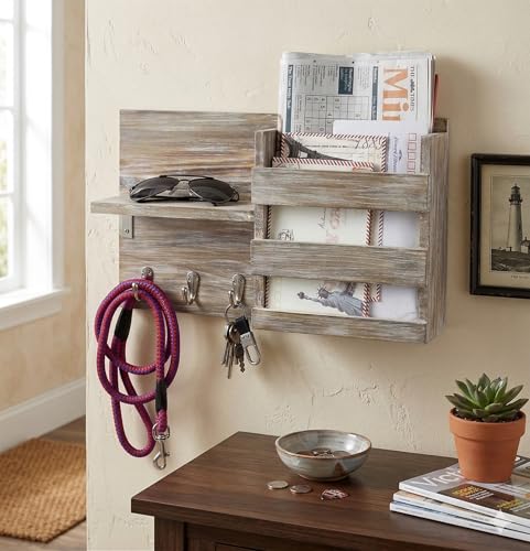 Spiretro Rustic Wooden Wall-Mounted Key Hooks Holder & Mail Sorter | Farmhouse Decor | 3 Metal Hooks & Small Shelf | Natural Torched Wood | Easy Installation - color: Grey Organizer & Wood shelf