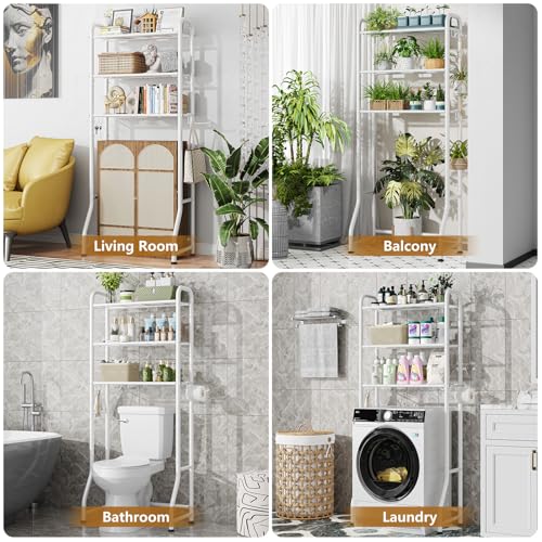 Simple Trending Over The Toilet Storage Rack, Metal 3 Tier Bathroom Organizer Shelf with Paper Holder and 3 Hooks, Freestanding Shelf Space Saver Above Toilet, White - style: 3 Tier White