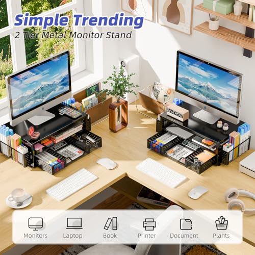 Simple Trending Desk Organizer and Accessories, 2-Tier Computer Monitor Stand Riser with Drawer and 2 Pen Holders for Office Supplies, Black