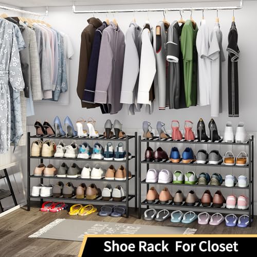 Long Shoe Rack, 4-Tier Bamboo Stackable Shoe Shelf Storage Organizer, Shoe Stand for Closet, Entryway and Hallway(Black) - color: Black, size: 4-Tier-Long