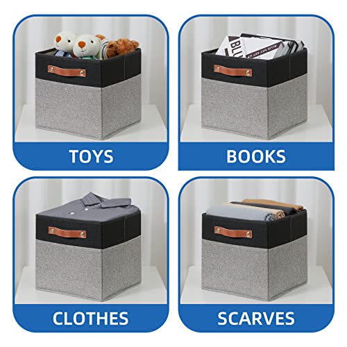 Temary 11 x 11 Cube Storage Bins Fabric Storage Cubes for Shelf, Closet, 4 Pack Cube Basket for Clothes, Storage Cube Bins with Leather Handles(Black&Grey) - color: Black&Grey, size: 11×11×11