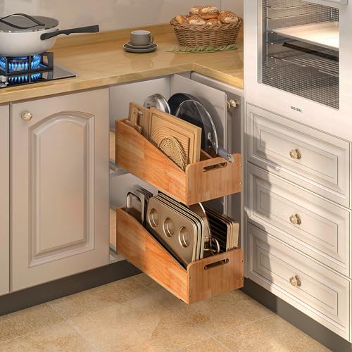 DINDON Pull Out Cabinet Organizer for Pans, Cookie Sheet, Bakeware, Cutting Board, Slide Out Kitchen Cabinet Storage Organizer Rack, 10.5''W X 21"D X 7.5"H, Wood - size: 7.5"H