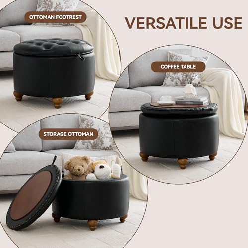 WUTUTUEE 24Inch Round Storage Ottoman with Tray, Modern Tufted Leather Circle Coffee Table with Storage, Upholstered Ottoman with Removable Top for Living Room, Bedroom, Leather Black - color: Leather Black, size: 24 Inch
