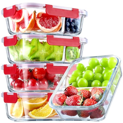 VERONES 5 Pack Glass Meal Prep Containers 2 Compartment Set, 36OZ Airtight Glass Lunch Containers, Glass Food Storage Containers with Lids, for Microwave, Oven, Freezer & Dishwasher Friendly,Red - color: Red