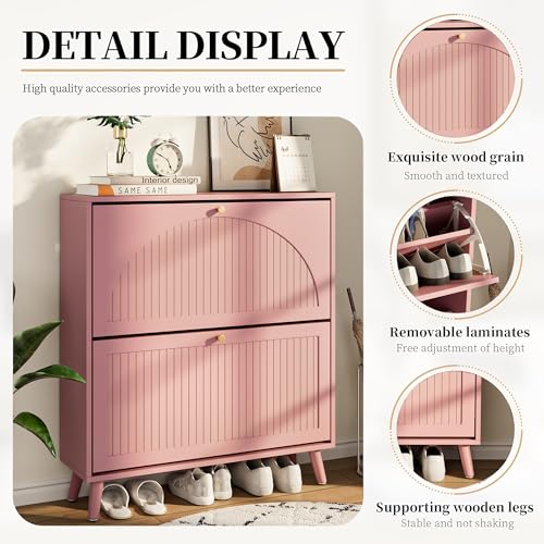 Fsbecl Shoe Storage Cabinet for Entryway with 2 Flip Drawers, Narrow Wood Shoe Cabinet with Fluted Panel, Freestanding Hidden Shoe Organizer for Foyer, Hallway (Pink - with Shelf) - color: Pink - With Shelf