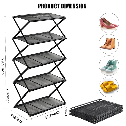 Shoe Rack for Entryway 5 Tier Foldable Shoe Rack Without Assembly Collapsible Metal Shoe Organizer Folding Shoe Storage Rack for Door, Living Room, Black - color: X Shape(black), size: 5 Tier