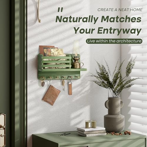 Rebee Vision Pine Wood Key Holder Wall Mount for Room Decor– 6 Hooks for Umbrella & Hats - Wooden Key Holder for Wall with Mail Slot Can Store Letters and Postcard (Green) - color: Green