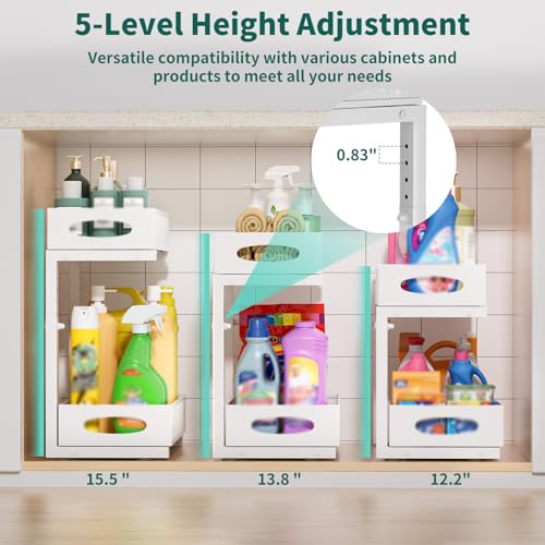 Under Sink Organizer, 2 Pack 2 Tier Metal Slide Out Pull Out Cabinet Organizer Shelf, Height Adjustable Organization and Storage Series, Bathroom/Desktop/Cabinet/Kitchen organization, White - color: White - Double Pack, size: Standard Version