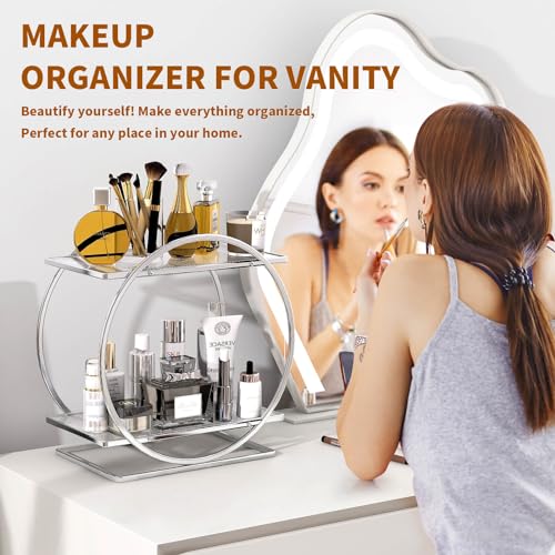 Perfume Organizer for Bedroom Dresser- Sliver Makeup Organizers for Vanity, 2 Tier Bathroom Countertop Organizer Perfume Tray Skincare Storage Cosmetic Display Rack, Make Up Counter Shelf - color: Silver, Circular