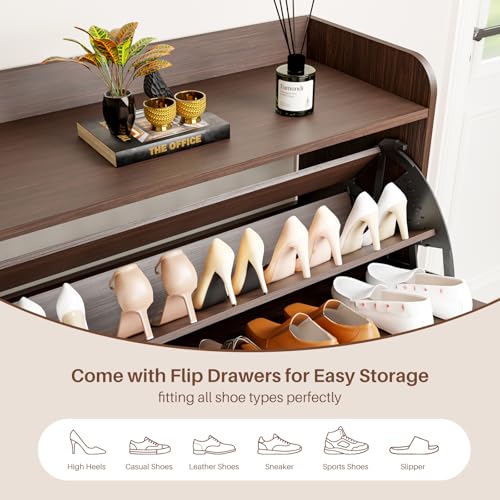 Shoe Storage Cabinet with 2 Flip Drawers, Entryway Shoe Cabinet with 2 Metal Hooks & Adjustable Shelves Freestanding Shoe Organizer Narrow Shoe Rack for Entrance Hallway Foyer Front Door,Rustic Brown - color: Rustic Brown
