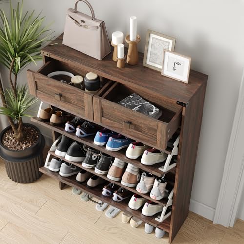 Halitaa Shoe Cabinet with 2 Flip Drawers & 2 Drawers,Farmhouse Shoe Storage Cabinet for Entryway,Slim Freestanding Narrow Organizer Rack for Front Door Entrance,Dark Walnut - color: Dark Walnut, style: 2-Drawers