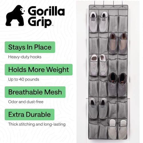 GORILLA GRIP Over the Door Shoe Organizer, 24 Large Breathable Mesh Pockets, Space Saving Hanging Storage Holder, Closet Rack Hanger Holds Up to 40 lbs, Hangs on Closets for Shoes, Accessories, Grey - color: Grey, size: 24 Pockets/4 Hooks