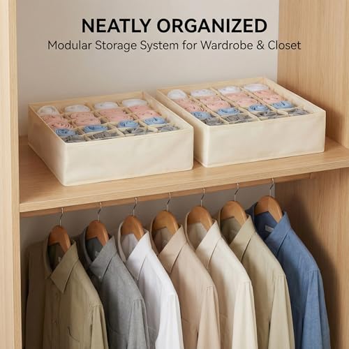 Beige 24 Grid 3 Pack Foldable Underwear Sock Storage Organizer, Non-Woven Fabric Closet Drawer Divider Bins for Socks, Ties, Baby Clothes, Dresser & Wardrobe Organization Boxes (Beige 3 Pack) - color: Beige 3 Pack