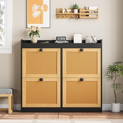 GarveeHome Shoe Cabinet Rattan with 4 Flip Drawers, Wooden Freestanding Shoe Organizer with Adjustable Shelves, Shoe Storage for Entryway, Closet, Hallway - color: Black, size: 4-Drawers