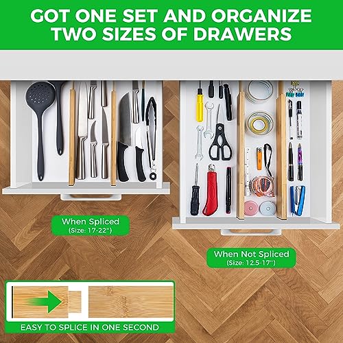 4 Pack Bamboo Kitchen Drawer Dividers with Inserts 2.6" High, Adjustable from 12.5 Inch to 21.7 Inch Drawer Organizers, Expandable Drawer Separators for Clothes, Bedroom, Dresser, Office (Beige) - color: Beige, size: 12.5-21.7 Inches