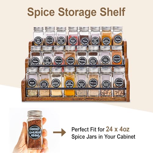 Aminigram Wood Spice Rack Organizer for Cabinet, 3 Tier Spice Shelf Storage, Kitchen Seasoning Organizer for Spice Bottles, Jars, Seasonings, Baking Supplies