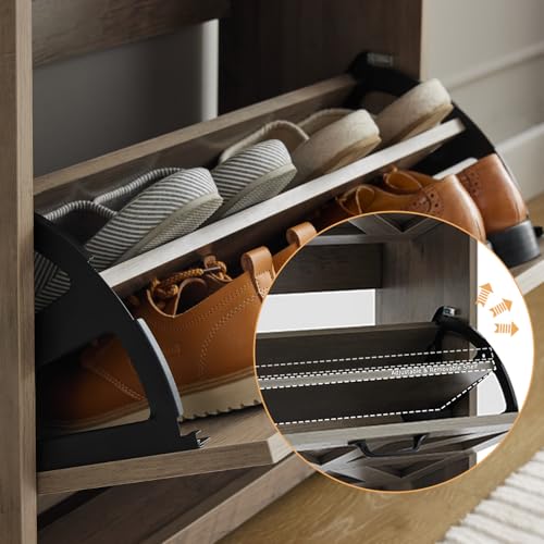 Shoe Storage Cabinet with 3 Flip Drawers, Farmhouse Shoe Organizer with Barn Door Design, Space-Saving Hidden Narrow Shoe Rack Cabinet for Entryway, Hallway & Foyer, Grey - color: Grey, size: 2 pcs-3 Flip Drawers