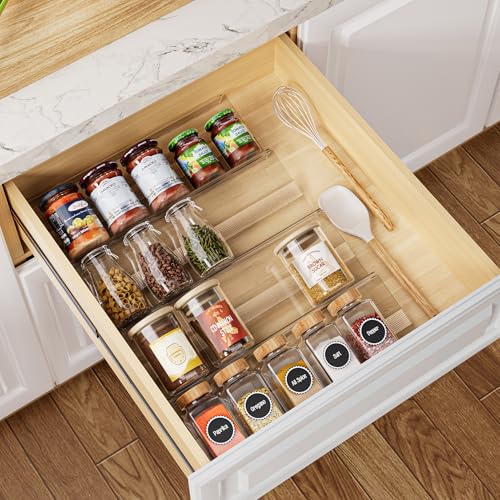 4-Pack Adjustable Spice Rack Organizer for Drawer, Expandable Seasoning Storage (13" to 26") with Anti-Slip Mat, Acrylic Tiered Spice Tray for Condiment, Nail Polish and Jar Organization - size: 4-Pack