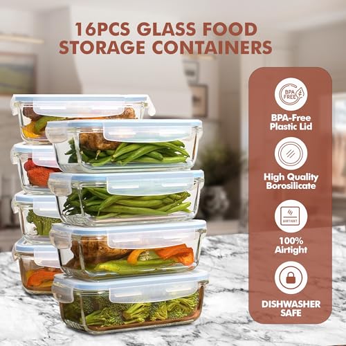 Razab 16 Pc (Set of 8) 30 Oz Glass Meal Prep Containers with Lids, Airtight Large Glass Food Storage Containers, Reusable Leak Proof BPA Free, Freezer to Oven and Dishwasher Safe - color: Baby Blue