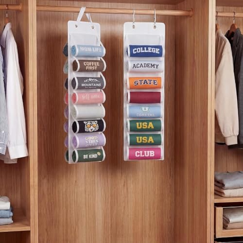 Over The Door Hoodie Organizer, Double Sided Holds 16 Hoodies, White Hanging Storage with 2 Hooks and Rope for Door Closet Cabinet Use, Ideal for Dorm Rooms Bedroom, Small Spaces - color: White