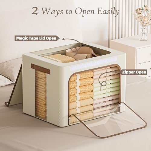 Yecaye Clothes Storage Bins with Metal Frame, Foldable Clothing Storage Bin with Lid, Stackable Oxford Fabric Organizer Box With Clear Window & Zippers & PU Leather Handles (3 Pack,Beige,40L) - color: Beige, size: Medium(3 Pack)
