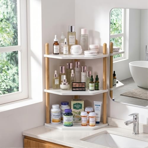 3-Tier Expandable Bamboo Corner Shelf - Dish/Plate Organizer for Cabinet, Kitchen Counter Shelf & Small Kitchen Shelf, Adjustable (White, 1-Pc 6.70" H) - color: 6.7"H-White-3