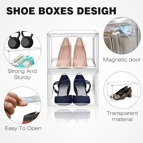 2 Pack Drop Front Acrylic Shoe Boxes with Magnetic Door Fit US Size 12, Clear Stackable Shoe Organizer for Closet, Entryway, Underbed, Multiple Display Cases for Hats, Figures, Sneakers - size: Medium Size 12
