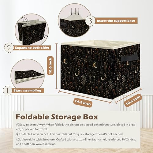 Dark Witchy Moon Floral Storage Box Bins, Mystical Gothic Wildflower Botanical Collapsible Storage Basket Organizer for Bedroom Laundry Room Home Clothes Toys Books, Toybox for Girls - color: Dark Floral