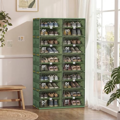 JEKO&JEKO 4 Tiers Green Foldable Shoe Rack Organizer for Entryway, Outdoor Front Door Shoe Storage Cabinet, Large Collapsible Shoe Box with Magnetic Doors, Holds Up to 16 Pairs - color: Double-row(Green), size: 4 Tiers