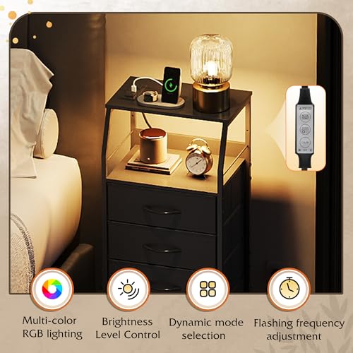 WLIVE Night Stand with Charger Station, LED Nightstand with 4 Fabric Drawers and Storage Shelf, Tall Dresser for Bedroom, 37.48" H Bedside Table with 3 USB Ports and Outlets, Black - color: Black, size: 4 Drawers