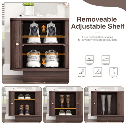 AKMAKM 31.5" W Sliding Door Shoe Storage Bench, Small Entryway Shoe Cabinet with Adjustable Shelf, Space-Saving Wooden Low Cabinet for Hallway, Living Room, Apartment, Dorm, Walnut - color: Walnut, size: 31 W