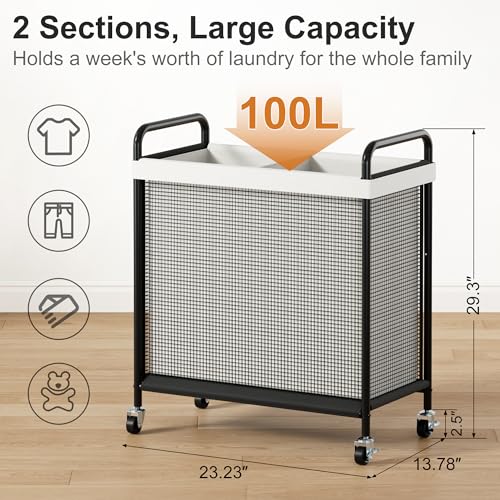 WOWLIVE Laundry Hamper 2 Section, 100L Rolling Laundry Basket with wheels and Removable Liner Bag, Double Laundry Sorter with Metal Handle, Clothes Hamper for Laundry Room, Bathroom and Dorm, Beige - size: 2-Section