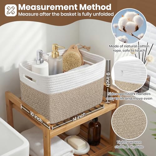Storage Baskets for Organizing, 14 x 10 x 9” Closet Shelf Woven Baskets, Square Bins with Handles, Cotton Rope Basket for Toys, Clothes, Office, Room, White+Rice Brown 4 Pack - color: White+Rice Brown, size: 4pcs