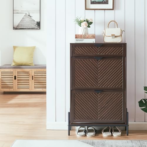 Shoe Cabinet Storage with 2 Flip Drawers, Narrow Hidden Shoes Organizer Cabinet for Entryway, Freestanding Slim Shoe Rack Front Door Entrance(Brown) - color: Brown, size: Medium