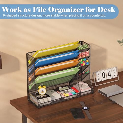 Jakyitvi File Organizer Wall Mounted, 4 Tiers Durable Adjustable Metal Desk Organizer, Desktop Hanging File Holder with 4 Pen Slots Stable, 4 Pull-Out Divider for File, Mail, Black, Patent Pending - size: 5 Tier & Metal