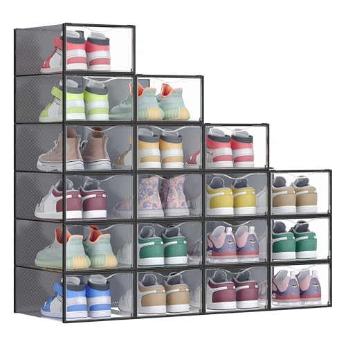 SONGMICS Shoe Boxes, Shoe Storage Organizers Rack for Closet, Plastic Stackable Sneaker Containers Case, 18 Pack, Transparent and Ink Black ULSP318B01 - color: Transparent + Ink Black, size: 18 Count Fit Size 11