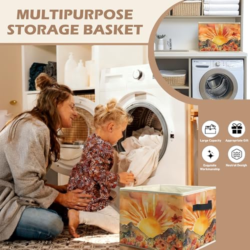 Boho Sun Wildflower Storage Bin Box with Handles, Watercolor Mountain Sunset Floral Botanical Foldable Linen Fabric Laundry Basket for Home Bedroom Bathroom Clothes Toys Books - color: Floral-F