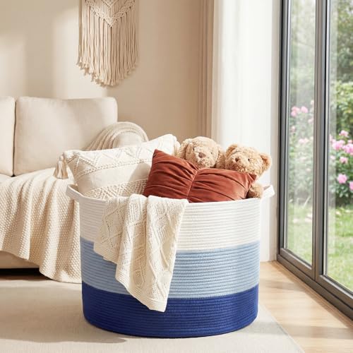 XXXXL 125L Extra Large Blanket Basket, 23.6" x 16.9" Jumbo Woven Cotton Rope Storage Basket with Handles, Laundry Hamper, Toy Storage for Living & Play Room(White, Blue & Dark Blue) - color: White, Blue & Dark Blue