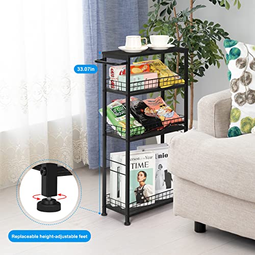 YBING Slim Storage Cart Kitchen Rolling Utility Cart on Wheels 4 Tier Mobile Narrow Cart with Wood and Metal Handle Slide Out Storage Shelving Unit Cart for Kitchen Living Room Small Places Black - color: Black