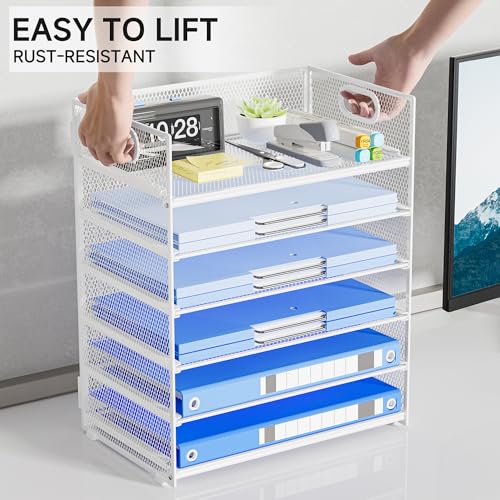 Paper Organizer for Desk with Handle, 6-Tier Metal Mesh File Organizer | Stackable Letter Tray for Office Documents & Stationery Storage - color: White, size: 12.6" x 9.1" x 13.5"