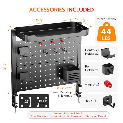 ARES WING Desk Clamp On Pegboard with 16 inches Organizer Shelf, Adjustable Above or Under Desk Storage Shelf Holds 44 lbs, Magnetic Metal Peg Board for Office and Gaming Accessories, Black - color: Black, size: Pegboard Shelf