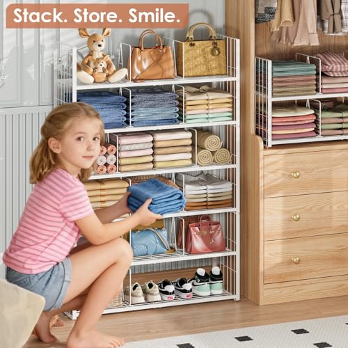 Hongtamoya Stackable Closet Storage Shelf, Adjustable Divider Clothes Shelves Organizer for Jeans Pant Shirt Sweater Bag Purse Shoe, Clothing Shelving Rack for Bedroom RV Wardrobe Closet System-White