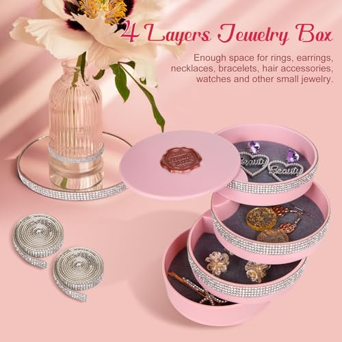 CONBOLA Jewelry Holder Organizer, Christmas Gifts Ideas for Women, Small Jewelry Storage Box Earring Holder, 5-Layer Rotating Jewelry Storage Tray with Lid for Bracelets Rings Bracelets - color: Sparkle Pink