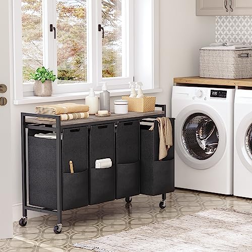 HOOBRO Laundry Sorter 4 Sections, Laundry Hamper with Wheels, 4 × 10.5 Gal (39.8L), Rolling Laundry Basket, Pull-Out and Removable Oxford Fabric Bags, Greige and Black BG04XY01 - color: Greige + Black