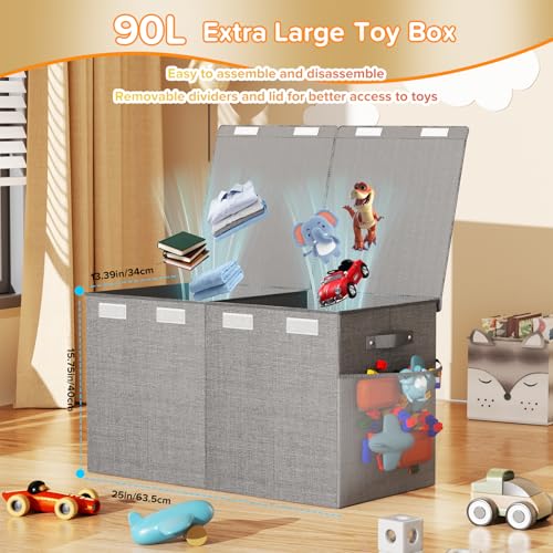 Large Toy Box Chest, Collapsible Sturdy Toy Storage Organizer Boxes Bins Baskets Dinosaur Kids Toy Chest Bin with Lids for Boys Girls Living Room Playroom Bedroom Nursery 25"x14"x16" Gray - color: Grey－2
