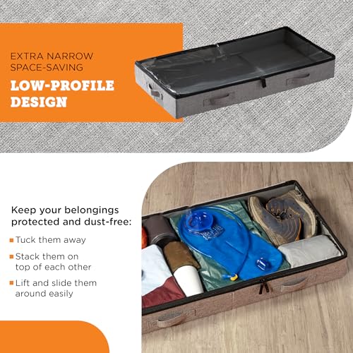storageLAB Under Bed Storage Containers, Low Profile Underbed Organizers with Sturdy Handles, Dual Zippers, and Clear Windows, Ideal for Clothes, Pillows, and Blankets - 2 Pack, Low Profile, Gray