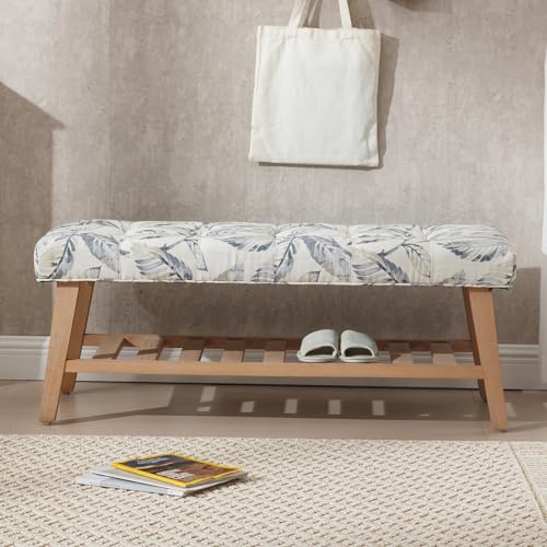 Wooden End of Bed Bench with Shoe Shelf 2 Tier Farmhouse Button Tufted Linen Fabric Upholstered Entryway Bench for Living Room/Bedroom/Hallway/Window Corner, Blue - color: Blue