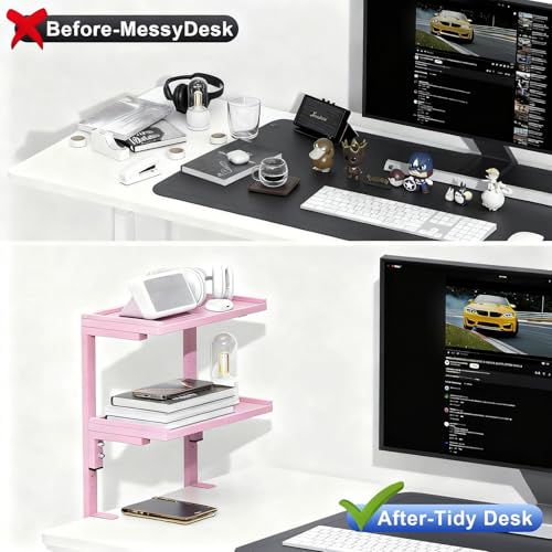 Spacrea clamp on Desk Shelf, 2 Tier Office Desk Shelves Organizer, Wood Desktop Supplies Storage Rack, Desk Organizers and Accessories (Pink) - color: Pink