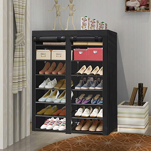 ERONE Shoe Rack Storage Organize, 28 Pairs Portable Double Row with Nonwoven Fabric Cover Shoe Shelf Cabinet for Closet - color: Black